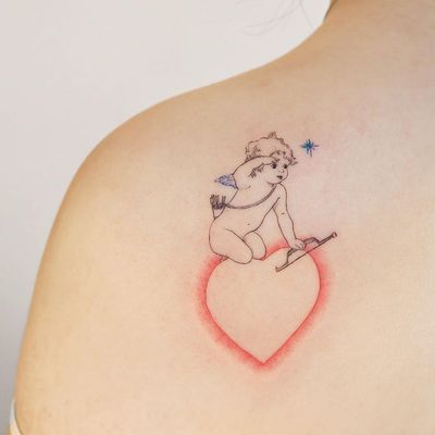 Angel tattoo by Eunyu Tattoo #EunyuTattoo #angeltattoo #angeltattoos #angels #wings #feathers #cherubs #religious #spiritual #illustrative #color #heart #bowandarrow #star #cute #shoulder #back