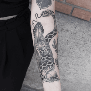 FATALITY/ Solene’s forearm is now completed. Lines healed, shading fresh. Thanks for your trust ! Booking: mikeend666@gmail.com or DM #tattoo #blacktraditional #blackwork #blackworktattoo #eagletattoo #snaketattoo #paris #paristattoo #tattooparis #battleroyal #darktattoo #dark #fineline #blackandgrey #tattooing #eagle #falcon #snake