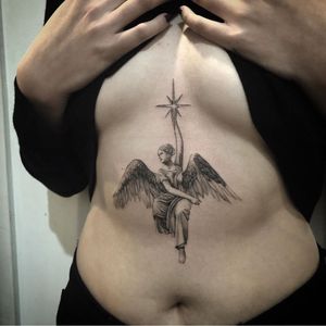 Angel tattoo by The Hanged #TheHanged #angeltattoo #angeltattoos #angels #wings #feathers #cherubs #religious #spiritual #illustrative #blackandgrey #star #sternum #stomach