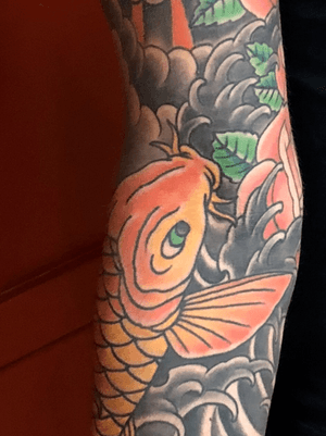 Middle section of koi/water/flowers scene