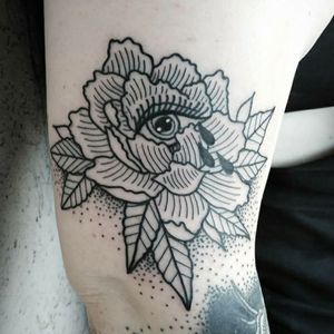 Woodcut style Peony by Gray Bushnell of Saints and Sinners in Portland, OR. #peonytattoo #lineworktattoo #blackandgreytattoo #woodcuttattoo 