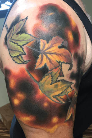 Fall blurred background cover up. The bottom part is covering a tribal armband. We will finish next session. Leaves were first sitting last year. 
