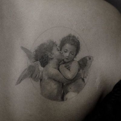 Angel tattoo by ColdGray #ColdGray #angeltattoo #angeltattoos #angels #wings #feathers #cherubs #religious #spiritual #realism #blackandgrey #back