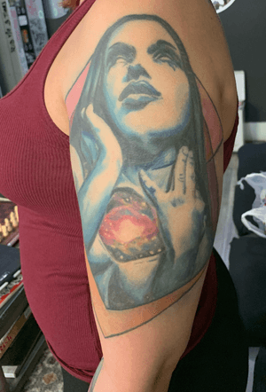 Monochromatic girl complete with open galaxy chest. 2+ years healed in thus picture. #Monochromatic #Realism #Potrait #ColorRealism #ColorPortrait #GirlsWithTattoos #SleeveTattoo #Atlanta #Downtown #CastleberryHill #IronPalmTattoos