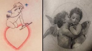 Angel tattoo on the left by Eunyu Tattoo and angel tattoo on the right by ColdGray #ColdGray #EunyuTattoo #angeltattoo #angeltattoos #angels #wings #feathers #cherubs #religious #spiritual