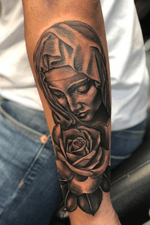 Mary’s face refrence from Michelangelo’s Pieta statue in vatican city of Mary and dying Jesus #mary #religious #blackandgrey #rose #forearm #sculpture #renaissance #portrait 
