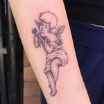 Angel tattoo by Nina Chwelos #NinaChwelos #angeltattoo #angeltattoos #angels #wings #feathers #cherubs #religious #spiritual #illustrative #flower #arm