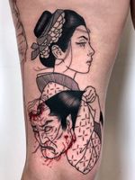 Cool tattoo by Silly Jane #SillyJane #TattoodoApp #TattoodoApptattooartist #tattooartist #tattooart #tattooidea #inspiringtattoo #besttattoo #awesometattoo #illustrative #japanese #namakubi #portrait #lady #leg