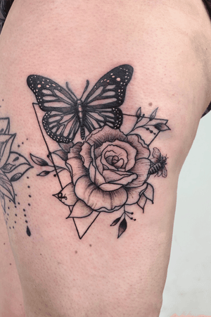 Black and grey rose and butterfly by Lucy LeNoir - @ApothicaLucy - >>>DM me on IG to book!<<< See you soon! Located in Houston, TX, Westheimer / Montrose area @VioletTigerTattooParlor