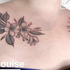 Dot work flower collarbone tattoo by Louise Sargent https://www.monumentalink.co.uk/artists/louise-sargent/
