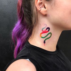 Cool tattoo by Maksym Len #MaksymLen #TattoodoApp #TattoodoApptattooartist #tattooartist #tattooart #tattooidea #inspiringtattoo #besttattoo #awesometattoo #neck #snake #reptile #animal #color