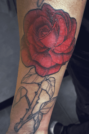 #tbt My second tattoo I ever did and first time using color! #rose #neotraditional #linework #color #shading