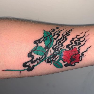 Cool tattoo by Miki Kim #MikiKim #MickHee #TattoodoApp #TattoodoApptattooartist #tattooartist #tattooart #tattooidea #inspiringtattoo #besttattoo #awesometattoo #illustrative #rose #fire #thorns #flower #arm