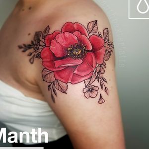 Neo-Traditional flower tattoo by Manth Baxter https://www.monumentalink.co.uk/artists/manth-baxter/