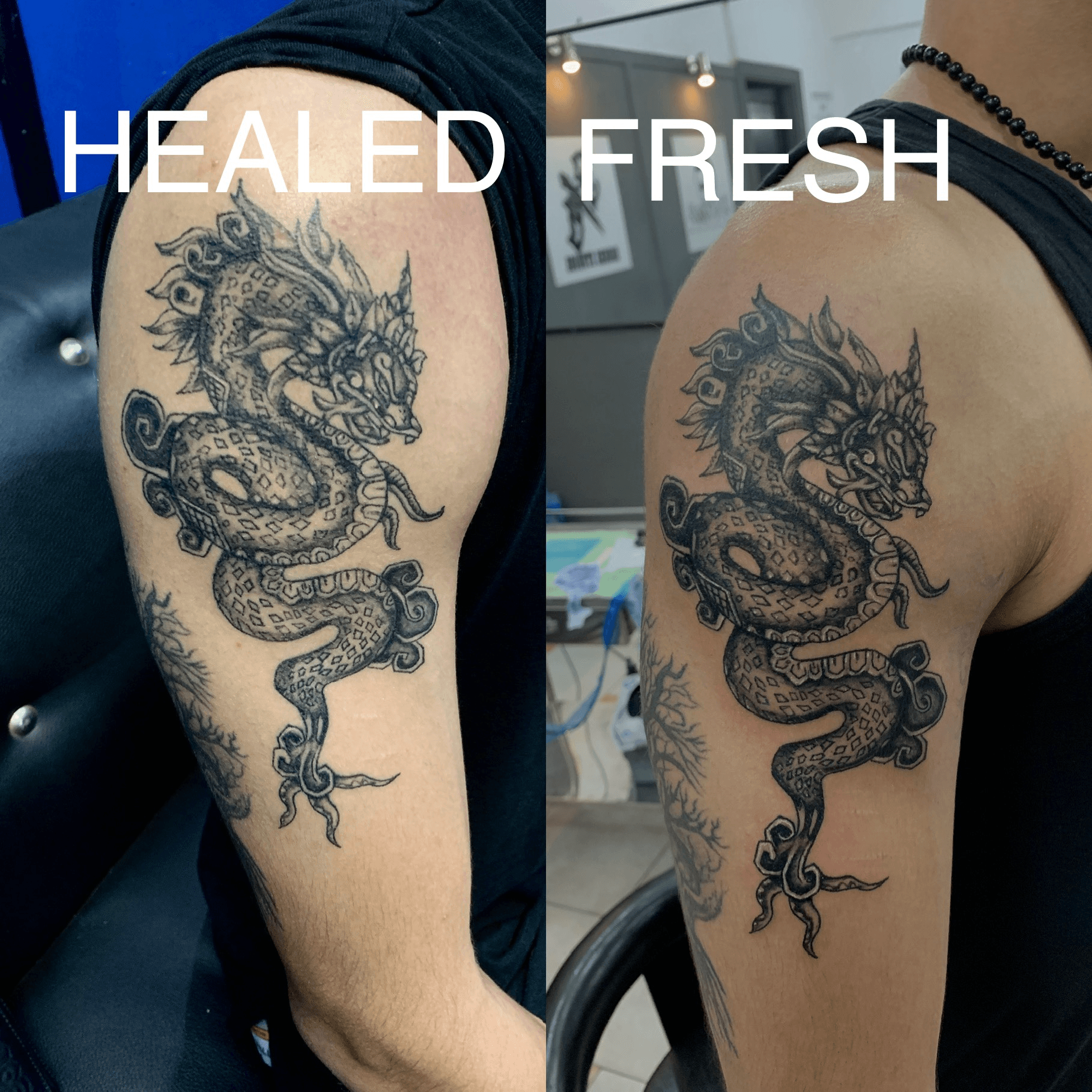 No filter no tricks pic taken under the same light conditions in the same  corner the healed picture is of a very freshly healed tattoo so i will  tone down a touch