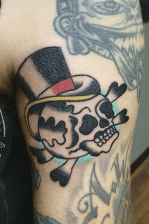 Traditional Skull boi by @ApothicaLucy DM on IG to book! Located in Houston, TX, Westheimer / Montrose area @VioletTigerTattooParlor