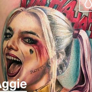 Full colour portrait tattoo of Harley Quinn by Aggie Vnek https://www.monumentalink.co.uk/artists/aggie-vnek/