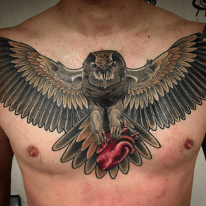 Owl on chest #chesttattoo #owltattoo #heart #hearttattoo #neotraditional 
