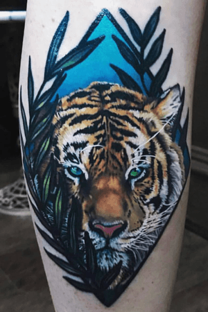 color tiger on calf by @ iyamaleah (insta) Austin TX