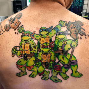 Ninja turtle and Biker Mice from Mars backpiece. Done by me at HappY Dragon Tattoo in Abilene, TX. 