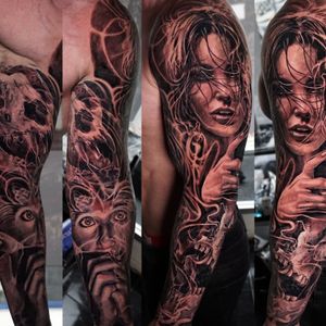 Scary full sleeve completed, London, UK | #blackandgrey #realism #tattoos