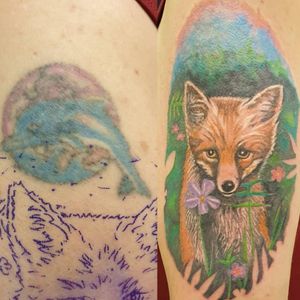 Before and after shot, of a cover up of a dolphin tattoo.#coverup #foxtattoo 