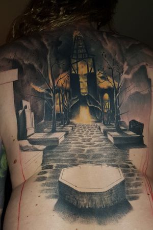 Work in progress #churchtattoo #church #burningchurch #cemetary #graveyard #Tombstone #backpiece #backpiecetattoo #realism #photorealism 6/15 session done hereare missing two statues pillars for the cemetery gate, reflection in the fountain and lots of little things