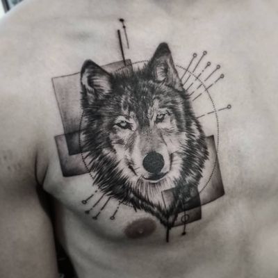 "Wolf" on the chest with some geometric shapes. (December '17) ▪ #тату #волк #trigram #tattoo #wolf #inkedsense #tattooist #кольщик 