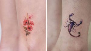 Ankle tattoo on the right by Donghwa Tattoo and Ankle tattoo on the right by Tattooer Manda #TattooerManda #DonghwaTattoo #ankletattoo #ankle #leg #smalltattoo #anklet