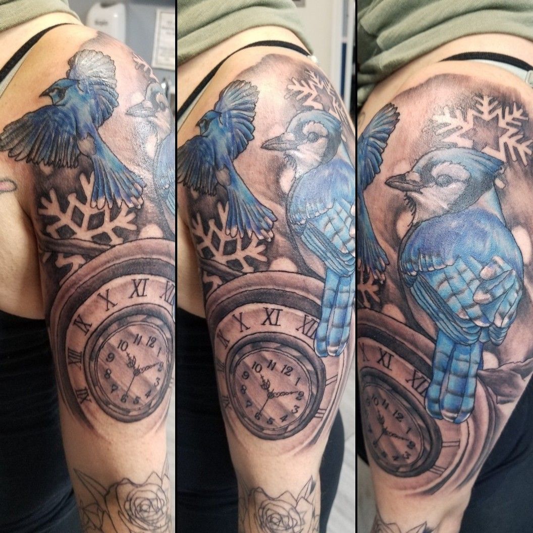 Tattoo Uploaded By Rodney Savage Blue Jay Clock And Snowflakes Half Sleeve Tattoodo