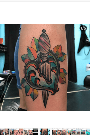 Color traditional heart and dagger tattoo