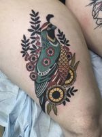 Bird tattoo by Hilary Jane #HilaryJane #birdtattoos #birdtattoo #bird #feathers #wings #flying #tattooidea #folkart #flower #floral #color #quail #leaves #nature