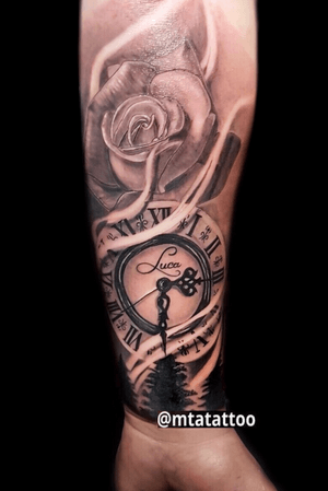 Rose clock tattoo by mta mtatattoo #mta #mtatattoo #rose #clock #art #blackandgrey #armtattoo #ink