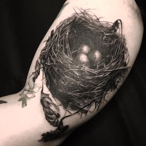 Bird tattoo by Esther Garcia #EstherGarcia #birdtattoos #birdtattoo #bird #feathers #wings #flying #tattooidea #nest #birdnest #eggs #leaves #flower #floral #nature