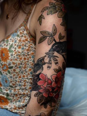 Bird tattoo by Sophia Baughan #SophiaBaughan #birdtattoos #birdtattoo #bird #feathers #wings #flying #tattooidea #dragonfly #flower #floral #nature #illustrative