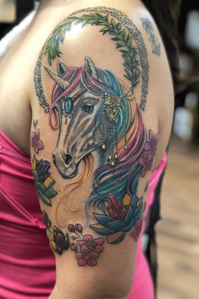 Www.ironkeystudio.com #colortattoo #horse #unicorn #neotraditional #flowertattoo #flower #lotus #femaletattooartist #cherryblossom #Artnouveau #headress #rainbow 