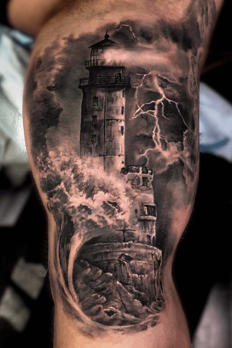 Crashing waves on the lighthouse via IG  ericmarcinizyn EricMarcinizyn  BlackandGrey Realism lighthouse  Lighthouse tattoo Nautical tattoo Waves  tattoo