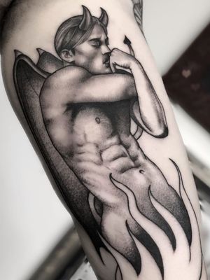Female Tattooers - Devil tattoo by Alisha Gory #AlishaGory #FemaleTattooers #ladytattooers #ladytattooartist #femaletattooartist #satan #devil #fire #portrait #arm #illustrative