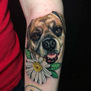 Female Tattooers - Pup portrait and flower tattoo by Megan Massacre #MeganMassacre #FemaleTattooers #ladytattooers #ladytattooartist #femaletattooartist #realism #realistic #dog #petportrait #flower #floral #arm