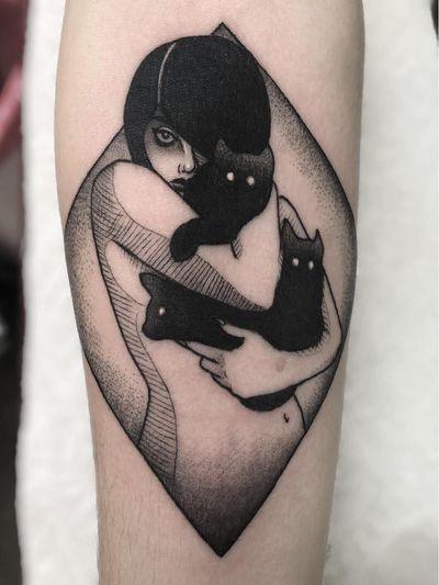 Female Tattooers - Portrait cat tattoo by Alisha Gory #AlishaGory #FemaleTattooers #ladytattooers #ladytattooartist #femaletattooartist #darkart #portrait #cats #illustrative #arm
