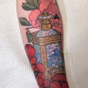 Female Tattooists - Perfume Tattoo by Hannah Flowers #HannahFlowers #FemaleTattooers #ladytattooers #ladytattooartist #femaletattooartist #perfume #landscape #flower #ceramic #painterly #artnouveau #arm #pagoda