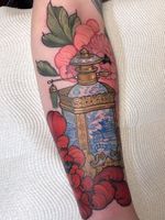 Female Tattooers - Perfume tattoo by Hannah Flowers #HannahFlowers #FemaleTattooers #ladytattooers #ladytattooartist #femaletattooartist #perfume #landscape #flower #ceramic #painterly #artnouveau #arm #pagoda