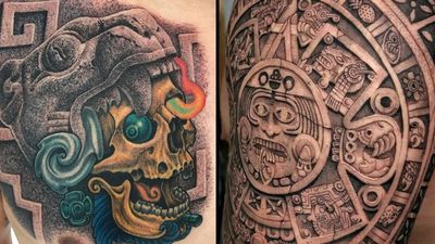 Aztec tattoo on the left by Scrappyuno and Aztec tattoo on the right by Feoden Jimenez #FeodenJimenez #Scrappyuno #Aztectattoo #Aztectattoos #Aztec #Mexican #Mesoamerica #PreColombian #ancientculture