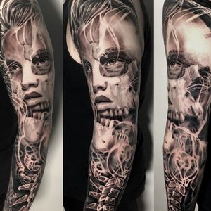Half skull, half lady full sleeve, London, UK | #blackandgrey #realistic #tattoos