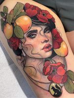 Beautiful tattoo by Hannah Flowers #HannahFlowers #beautifultattoos #beautifultattoo #beautiful #tattooidea #besttattoo #awesometattoo #cooltattoo #portrait #lady #ladyhead #fox #flowers #floral #pearls #fruit #neotraditional