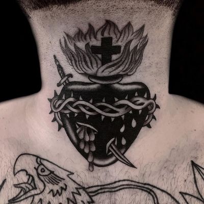 Beautiful tattoo by Austin Maples #AustinMaples #beautifultattoos #beautifultattoo #beautiful #tattooidea #besttattoo #awesometattoo #cooltattoo #traditional #sacredheart #cross #fire #thorns #blood #neck
