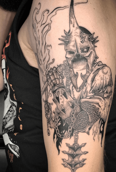 “Spoken in a forgotten tongue.” The Witch King of Angmar for the talented @murphyillustration. Always a rad time doing #lordoftherings pieces. Thanks for making the trip from Massachusetts! Made at @americancrowtattoo ⛓#columbustattooers #lordoftheringstattoo #lordoftherings #fantasytattoo