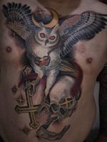 Beautiful tattoo by Akuma Shugi #AkumaSHugi #beautifultattoos #beautifultattoo #beautiful #tattooidea #besttattoo #awesometattoo #cooltattoo #chest #stomach #owl #skull #star #neotraditional #moon