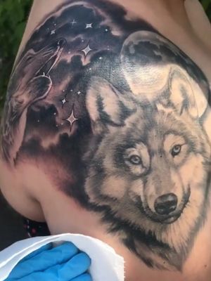 Wolf shoulder piece done by Freddie Brown at Color Theory Tattoo in Lombard, IL