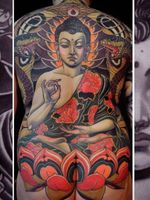 Beautiful tattoo by Bjorn Liebner #BjornLiebner #beautifultattoos #beautifultattoo #beautiful #tattooidea #besttattoo #awesometattoo #cooltattoo #neotraditional #buddha #buddhist #peony #snake #lotus #backpiece